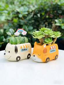 Cute Animal Bus Succulent Planter Resin Decor – Adorable Dog/Fox/Panda/Pig Cart Flower Pot For Desk, Bedroom & Garden. Perfect Kawaii Home Decor To Brighten Your Space, Great Gift For Plant Lovers & Kids! - 1pc - View 2