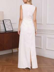 Elegant Sleeveless Fitted Maxi Dress, Women's Fashion Open Shoulder Fabric, Casual & Formal Gown With Zipper Detail White Summer - 黑色 - 查看 8