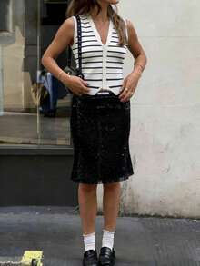 Just Masa 女士夏季条纹时尚休闲优雅毛衣背心，性感深V领无袖纽扣简约基础款弹力针织开衫，适合日常穿着、通勤、度假、海滩、约会、旅行 - 藍白條紋 - 查看 4