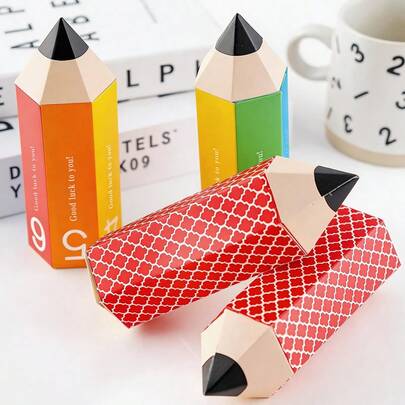 10个装创意铅笔形糖果盒，彩色数字红色格子可折叠纸质礼品盒，适用于烘焙食品包装、生日派对、节日礼物、返校季礼物、毕业季礼物、学生生日回礼、婚礼回礼