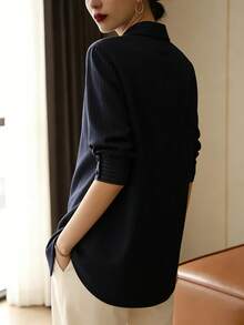 YUXIN 春秋新款宽松时尚蓝色条纹优雅长袖衬衫，设计感十足的通勤工作服修身百搭衬衫 - 藏蓝色 - 查看 11