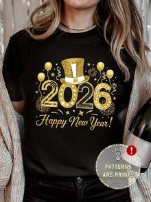 Camiseta casual de manga corta para mujer  Estampado creativo con patrón 2026, Top de cuello redondo regular, Adecuada para todas las estaciones, Estilo jersey - Negro - Ver 1