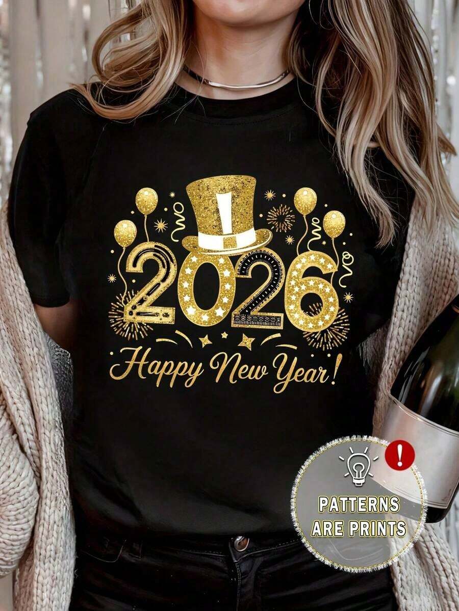 Camiseta casual de manga corta para mujer  Estampado creativo con patrón 2026, Top de cuello redondo regular, Adecuada para todas las estaciones, Estilo jersey - Negro - Ver 1