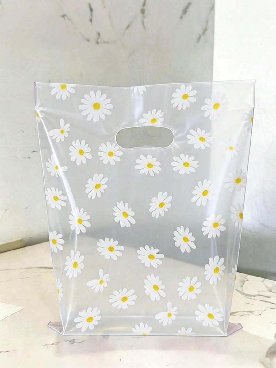100个白色雏菊图案塑料购物袋，高端购物零售袋，带压纹手柄设计，适用于白色雏菊等礼品（含感谢标签/签名），可重复使用的白色雏菊图案购物袋 - 無色 - 查看 1