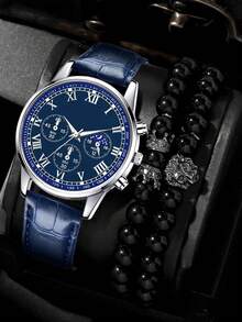 Bộ 3 món thời trang và đa năng gồm đồng hồ nam dây thép, máy quartz, kèm vòng tay hạt hình sư tử, phù hợp cho công việc, tiệc tùng và sử dụng hàng ngày, món quà tuyệt vời nhất dành cho phái mạnh. - Màu xanh lam - Xem 7