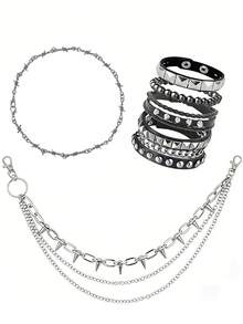 Xiacheng 1/6PCS Punk Style Jewelry Set With 1 Necklace, 4 Leather Studded Bracelets, 1 Pants Chain For Men Women, Gothic Rocker Grunge Accessories, 80s 90s Outfits - Black - View 1