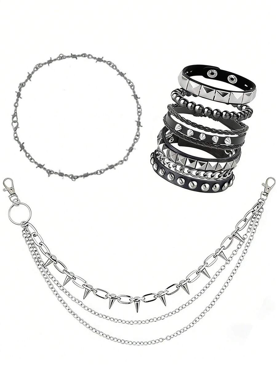 Xiacheng 1/6PCS Punk Style Jewelry Set With 1 Necklace, 4 Leather Studded Bracelets, 1 Pants Chain For Men Women, Gothic Rocker Grunge Accessories, 80s 90s Outfits - Black - View 1