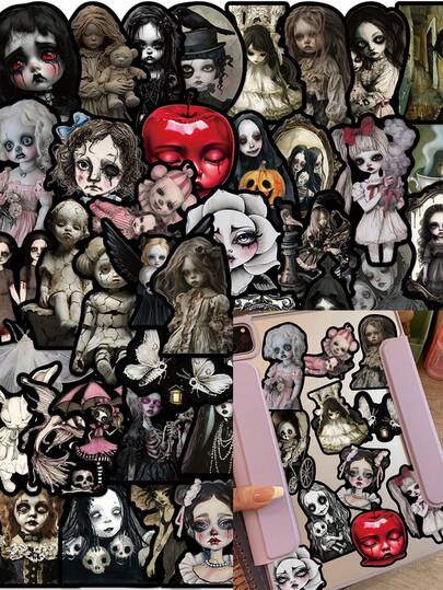 Bộ 50 miếng dán hình búp bê kinh dị hoạt hình ngộ nghĩnh, hình dán trang trí cho sổ lưu niệm, máy tính xách tay, điện thoại, văn phòng phẩm, hành lý, sổ tay, nhật ký.