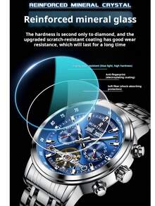 LOUIEJUELEN 男士商务自动机械腕表，奢华镂空陀飞轮三历夜光动力储存腕表，孔雀雕刻高端腕表，休闲礼品钢表带腕表 - 藏蓝色 - 查看 8