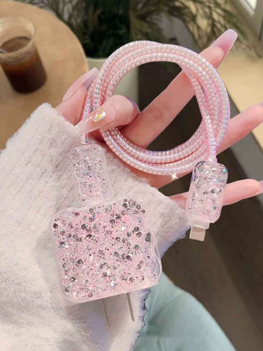 5个粉色波浪纹充电适配器保护套，闪光TPU防震套，兼容苹果18W/20W充电器 - 粉色 - 查看 1