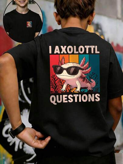 Boys "I Axolotl Questions" Funny Axolotl Graphic Print Oversized T-Shirt, Kids Cute Animal Streetwear Summer Top