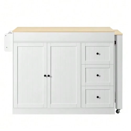 Kitchen Island On Wheels, Extendable Kitchen Island With Dining Area, Spice Rack And Drawers, Independent Mobile Kitchen Island, Ideal For Kitchen And Dining Room (White). - White - View 1