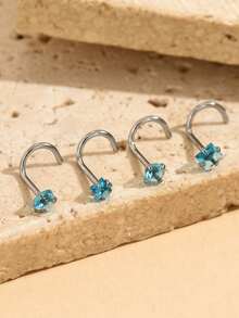 4pcs/Set Versatile Fashion Accessories - Round Star, Heart, Square Cubic Zirconia Nose/Lip/Cartilage Studs, 0.8x7mm Stainless Steel Nose/Ear Rings, Suitable For Women Body Piercing Jewelry - Bent Rod Nose Pin 4-piece Set - View 5
