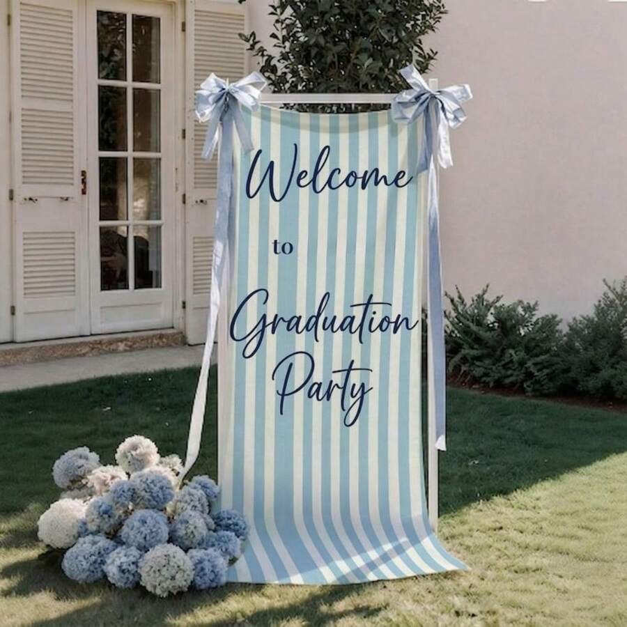 20x63in Blue And White Striped Graduation Party Welcome Banner Sign Graduation Party Backdrop, Graduation Tapestry Yard Sign Grad Party Banner - 1 - 查看 1