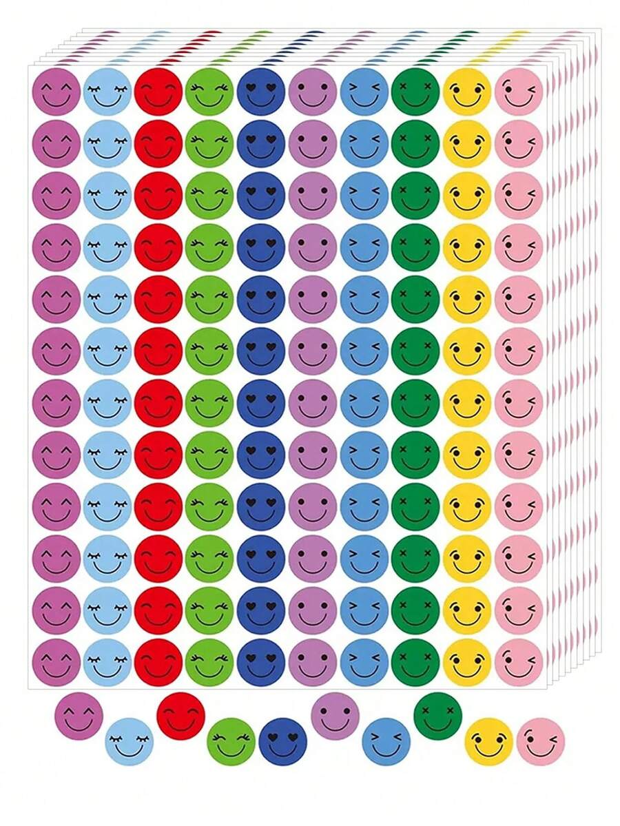 1200pcs (10 Sheets)/Set School Reward Behavior Performance Happy Smiling Face Stickers, Colorful Round Reward Label Stickers, 10 Styles Happy Smiling Face PVC Waterproof Encouragement Stickers For Teachers - Multicolor - View 1