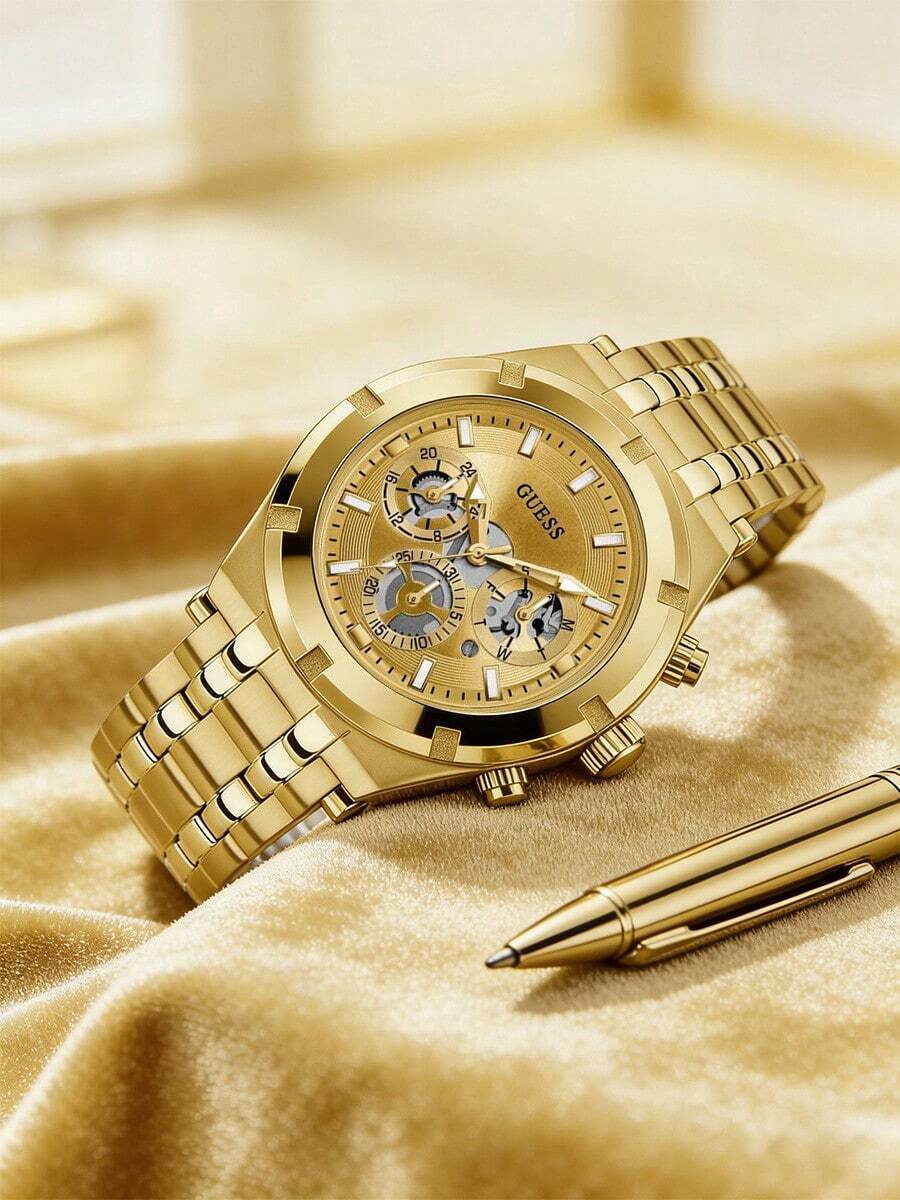 Guess Men's Gold Stainless Steel Alloy Chain Watch, Hollow Multi-Function Small Dial Display, Luxury Business Casual Office Daily Wear Wristwatch - Brown - View 1