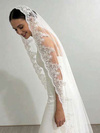 1pc Luxury Lace Sequin Trim Long Bridal Wedding Veil, Suitable For Wedding Photography And Church Ceremony Props, Birthday Party, Engagement, Couple Outfits, Valentine's Day Gift, Garden Wedding, Wedding Season