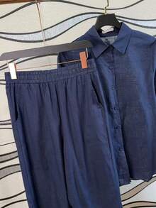Women's Cotton And Linen Shirt And Pants Set - Màu xanh hải quân - Xem 2