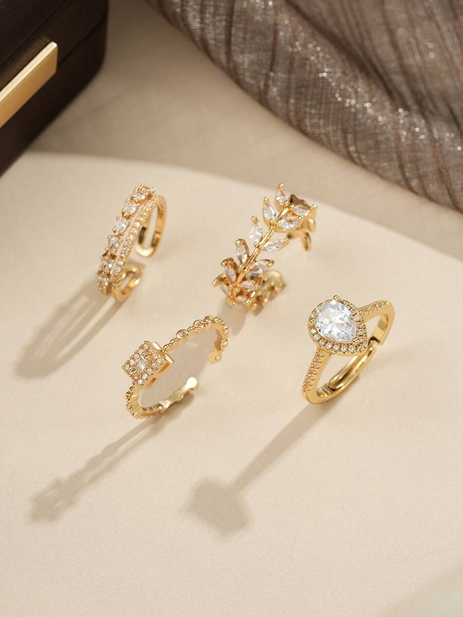 4件套铜质奢华优雅时尚小众立方氧化锆叶形戒指套装，适合女性日常、节日、通勤佩戴 - 四件組戒指 - 查看 1