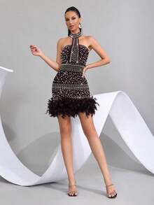 Đầm mini ôm sát gợi cảm với dây đeo mảnh, chất liệu giả lông vũ và đính cườm đá lấp lánh, thích hợp cho các buổi dạ hội, tiệc sinh nhật, lễ tốt nghiệp, lễ hội và các dịp khác. - Cà phê nâu - Xem 7