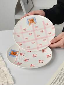 Cabin Kangaroo 1 pieza Plato de cerámica 3D lindo con estampado de lazo, plato de cena con relieve Kawaii, plato de postre/desayuno estético, apto para microondas, ideal para decoración del hogar y regalos - Multicolor - Ver 7