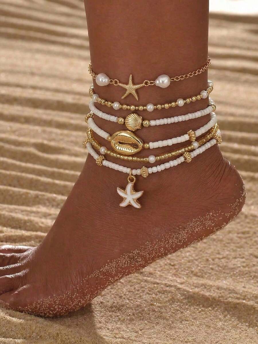 Set de 6 piezas de tobillera con cadena de remaches y rhinestones, joyería de moda para la playa - Multicolor - Ver 1