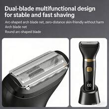 三合一电动体毛修剪器、电动理发器、电动剃须刀、电动鼻毛修剪器，带充电底座，USB充电，手动旋转刀头，男士理容套装 - 黑色 - 查看 6