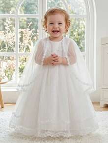 Đầm dự tiệc cưới màu trắng cho bé gái, kèm khăn choàng, đầm dài thanh lịch thêu ren cho lễ rửa tội. - trắng - Xem 8
