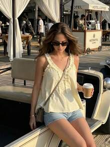 Women's Solid Color Frill Trim Casual Versatile Daily Wear Top Summer - Apricot - View 8