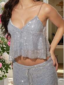 Women Sequin Spaghetti Strap Tops Sparkly V Neck Sleeveless Backless Ruffle Shirts  Summer Streetwear - 藍色 - 查看 1