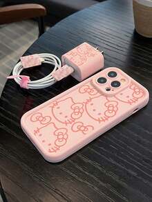 SANRIO 5 件套：1 个粉色线条手机壳 + 1 个充电器保护套 + 1 个扎线带 + 2 个数据线保护套，兼容 16 Pro Max/15/14 Plus/13/12/11，圣诞节礼物、新年礼物、复活节礼物、万圣节礼物 - 粉色 - 查看 5