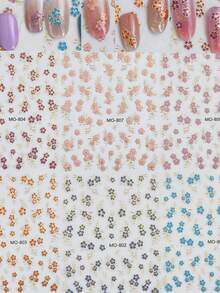5 Stück zufällige wunderschöne 3D Goldfolie Blumen Nail Art Aufkleber, süße rosa/blaue/orange Blumen selbstklebende Nail Decals - Verschiedenfarbig - Übersicht 8