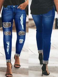 Plus-Size Women's Dark Blue Washed Distressed High-Waisted Slim-Fit Jeans With Ripped Leopard Print Patches And Rolled-Up Cuffs. A Versatile And Retro-Style Casual Trouser. - 藍色 - 查看 8