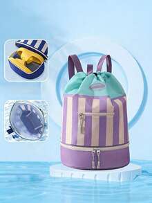 Unisex All-In-One Wet And Dry Separation Swim Bag With Adjustable Shoulder Straps, Colorful Striped Drawstring Backpack, Suitable For Beach, Pool And Hiking, Portable Sports Travel Storage Bag, Practical Pockets, Swim Bag, Poolside Accessory. - Multicolor - View 3