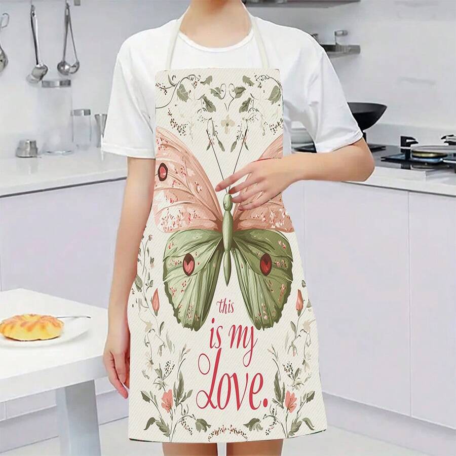 1pc Butterfly & Floral Pattern Kitchen Apron, Suitable For Kitchen, Living Room, Dining Room, Hotel, Outdoor BBQ Etc., Made Of 100% Polyester, Machine Washable - Multicolor - View 1
