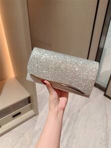 1个闪亮金属翻盖信封手拿包，饰有配饰，适合晚宴、婚礼、舞会、宴会、浪漫场合 - 銀色 - 查看 8