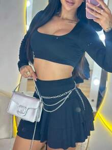 Women's Set: Cropped Top With Long Sleeves And Short Skirt With Ruffles - 黑色 - 查看 2