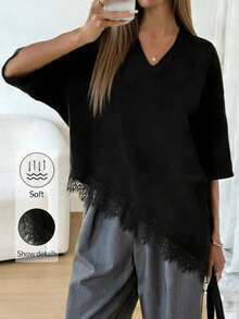 女士休闲纯色不对称下摆蕾丝拼接T恤，日常基本款，春夏女士休闲上衣，适合女士度假、夏季假期、春季郊游、海滩等场合，黑色 - 黑色 - 查看 4