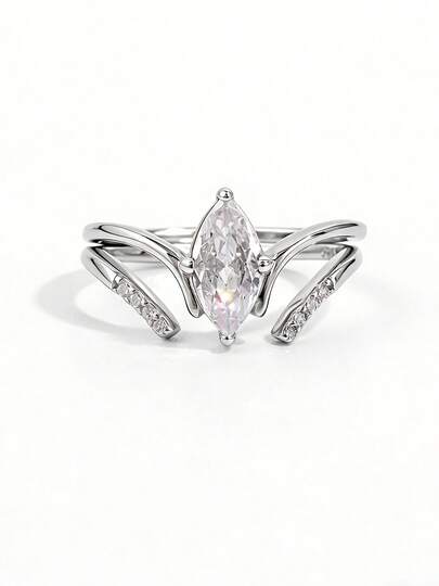 1 Set romantischer, eleganter, glänzender 925er Silber Kubikzirkonia Tropfen- & V-förmiger Paar-Ringe, ideal als Valentinstags- & Jahrestags-Geschenk für sie