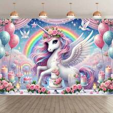 1件独角兽生日快乐涤纶摄影背景旗，派对照片墙挂，室内/室外横幅装饰，影棚道具，节日派对和生日装饰 - 7 - 查看 2