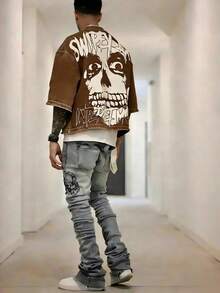 Y2KStyleDirectionalPrintingCottonT-ShirtSoftBreathablePureCottonFabricComfortableAndEnergeticSummerStreetStyleShortSleevedTShirgnRetroSummerWearTShirt - 棕色 - 查看 1