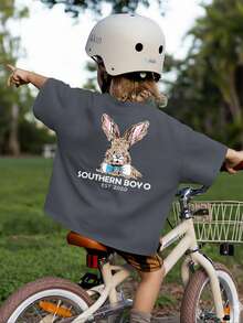 1件男童短袖趣味兔子印花T恤，休闲日常穿着 - 深灰色 - 查看 2