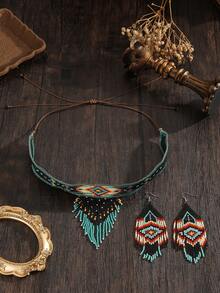 Handmade Beaded Tassel Necklace Set, Bohemian Style Necklace, Retro Starry Sky Color Tassel Pendant Necklace, Matching Tassel Drop Earrings, Women's Fashion Accessories, Black With Green Vintage Style Necklace, Adjustable Length, Versatile For Daily And Holiday Wear, Winter New Necklace, Sweater Chain, Ideal Gift - Earring and Necklace Set - View 3