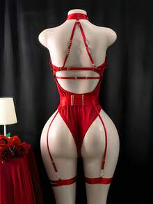 1-Piece Women's Sexy Lingerie Bodysuit Erotic Hot Sexy Disguise Naughty Couple Play Jumpsuit Solid Color Halter-Neck Sexy Hot Nightwear For Bedroom Dating Honeymoon Anniversary Gift For Women - Đỏ - Xem 3