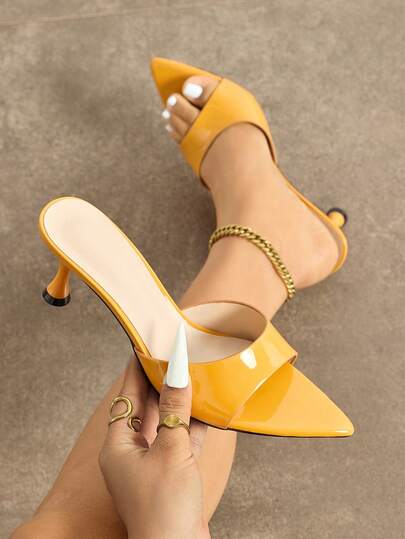 Giày sandal nữ thanh lịch, gót cao một quai mềm mại bóng loáng, kiểu mules hở mũi gợi cảm ôm eo, gót thấp nhọn thời trang, thích hợp cho mùa xuân/hè, dự tiệc, thường ngày, ngoài trời, du lịch, làm quà tặng, màu vàng ấm áp.
