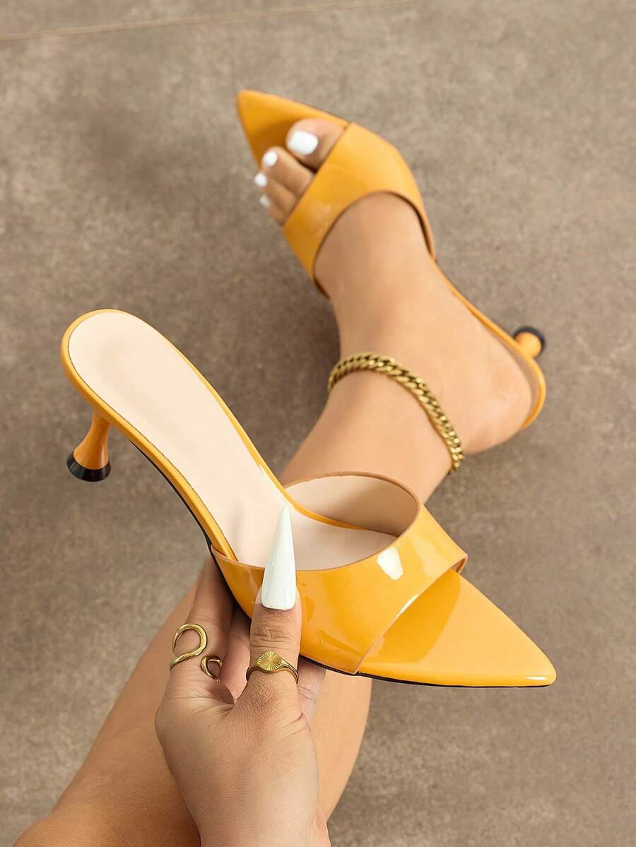 Women's Elegant Sandals, Soft Mirror-Textured One-Strap High Heels, Sexy Waist-Cinching Open Toe Mules, Fashionable Pointed Toe Low Kitten Heels, Suitable For Spring/Summer, Party, Casual, Outdoor, Travel, Gifting, Warm Yellow Color
