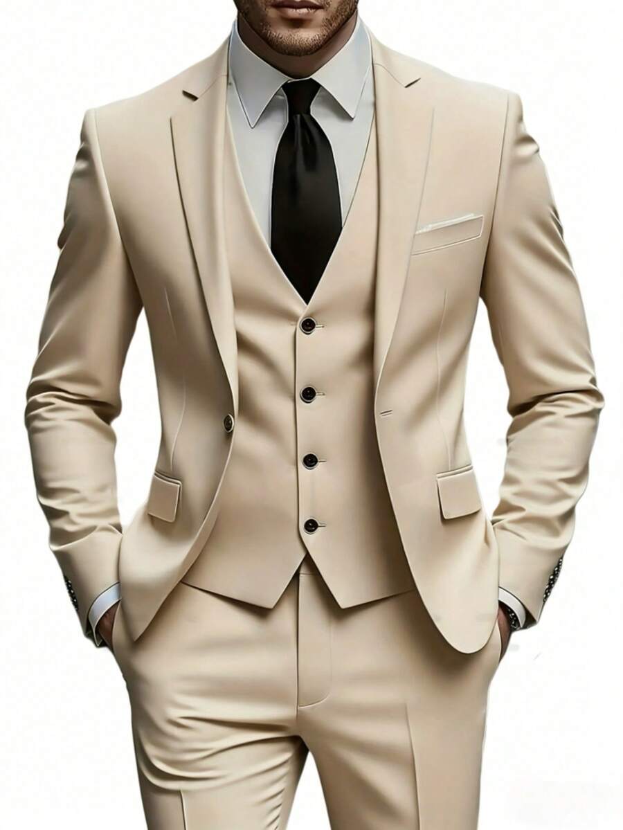Men's 3-Piece Slim-Fit Tuxedo Suit Set (Jacket + Vest + Trousers) - Suitable For Work Uniforms, Proms, Dinners, Grooms, And Groomsmen - All-Season Formal Wear - 卡其色 - 查看 1