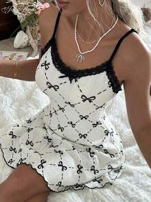 Áo ngủ hai dây hở lưng màu đen in họa tiết nơ cho nữ, thiết kế eo ren, thoáng khí, phong cách ngọt ngào và cá tính. - màu đen - Xem 3