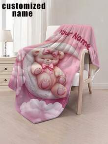 Customized Flannel Blanket With Printed Design Of A Teddy Bear Hugging A Bow Lying On Clouds And Moon, Dreamy Girly Style - Personalized Soft & Warm Digital Printing, Tear-Resistant, Machine Washable, Hypoallergenic, Versatile For Sofa, Bed, Travel, Camping, Living Room, Office - Multicolor - View 10