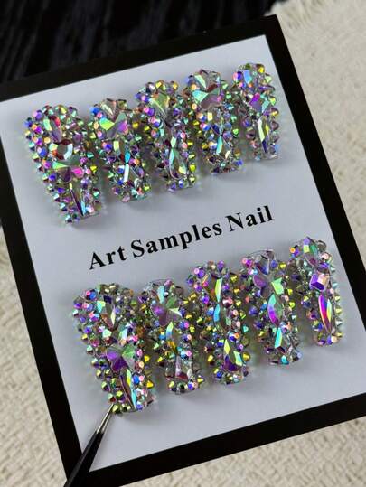 10pcs High-End Punk-Style Junk Item, Hand-Painted Three-Dimensional Heart-Shaped Diamond, Dazzling With Multiple Brilliant Diamonds Handmade Fake Nails, Nail Stickers Suitable For Attending Birthday Parties With Friends, Having Meals And Singing With Colleagues, And Participating In Carnival Events.
